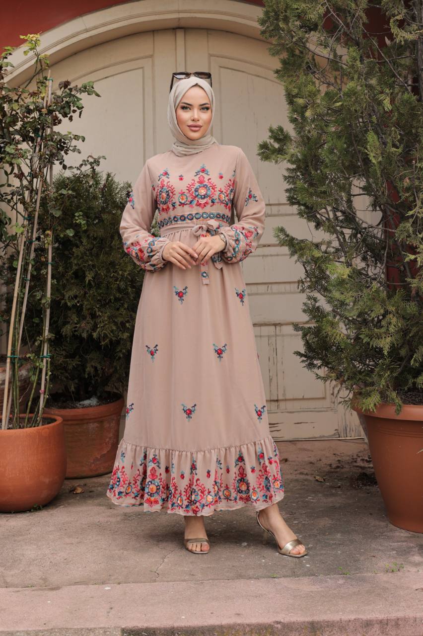 Beige Emboidered Design Turkish Dress 42