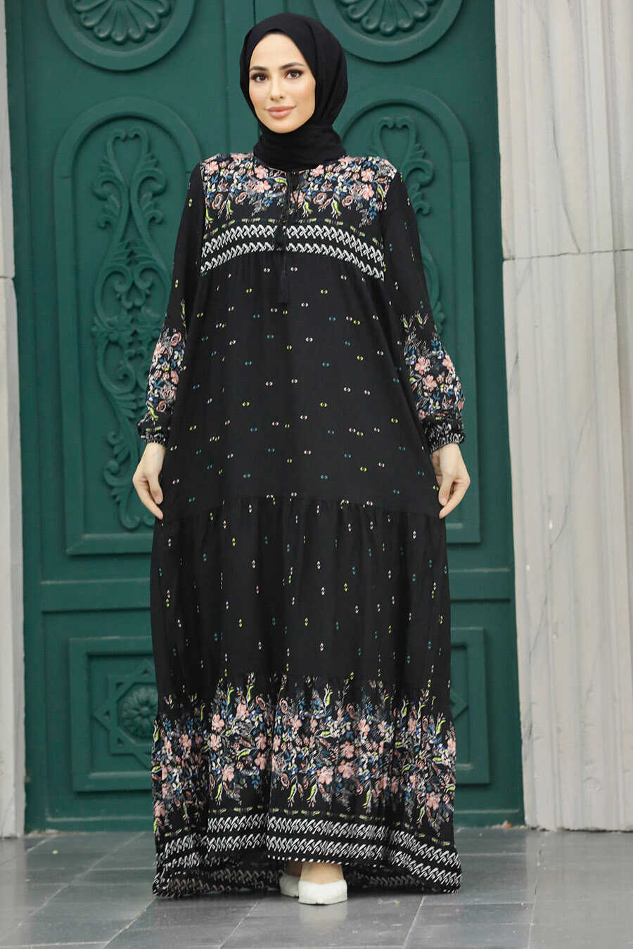 Black Flowers Summer Turkish Dress 40