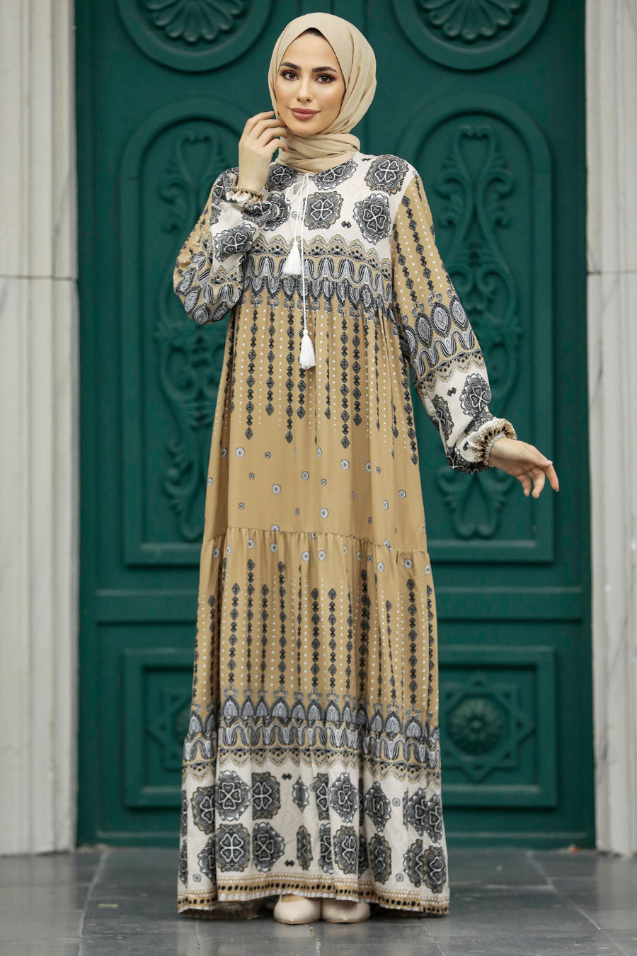 Beige Pleated Turkish Dress