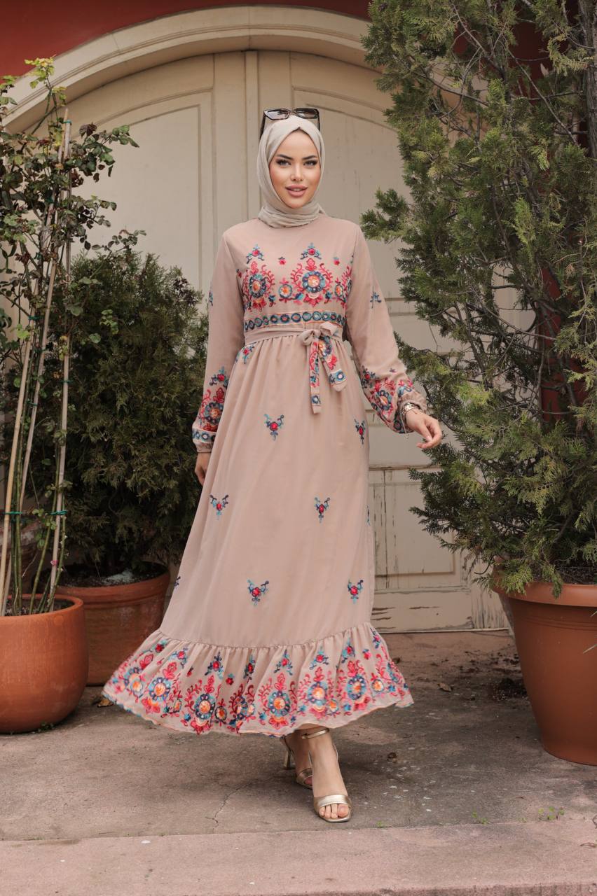 Beige Emboidered Design Turkish Dress