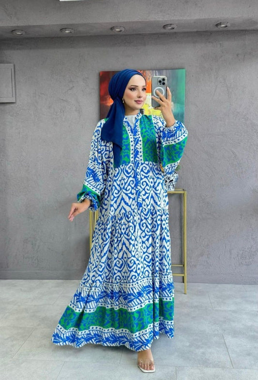 Blue and Green Abstract Design Dress