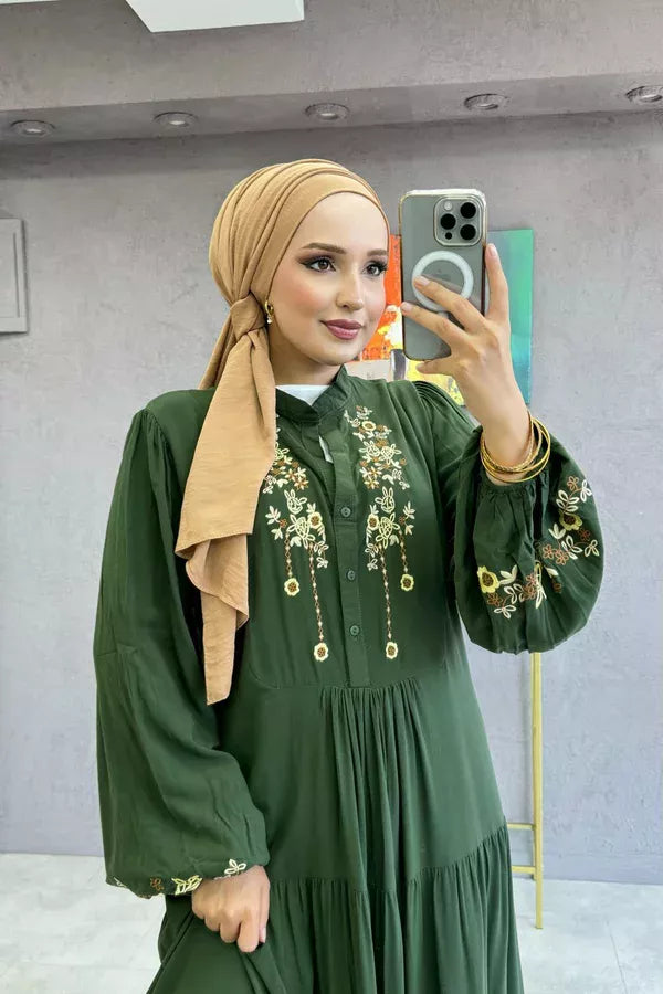 Army Green Embroidered Dress 40