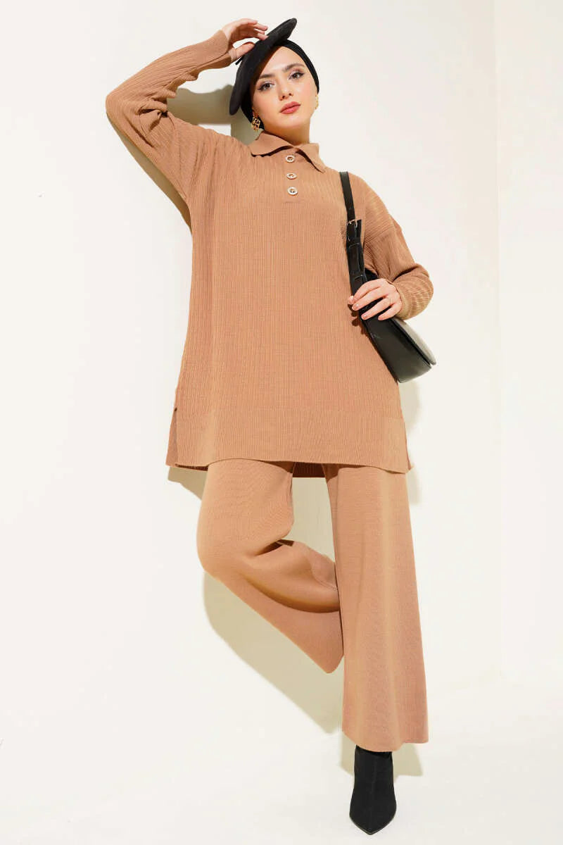 Latte Buttoned Corduroy Shirt Collar Knitted Co-ord