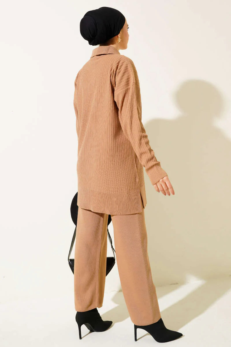 Latte Buttoned Corduroy Shirt Collar Knitted Co-ord