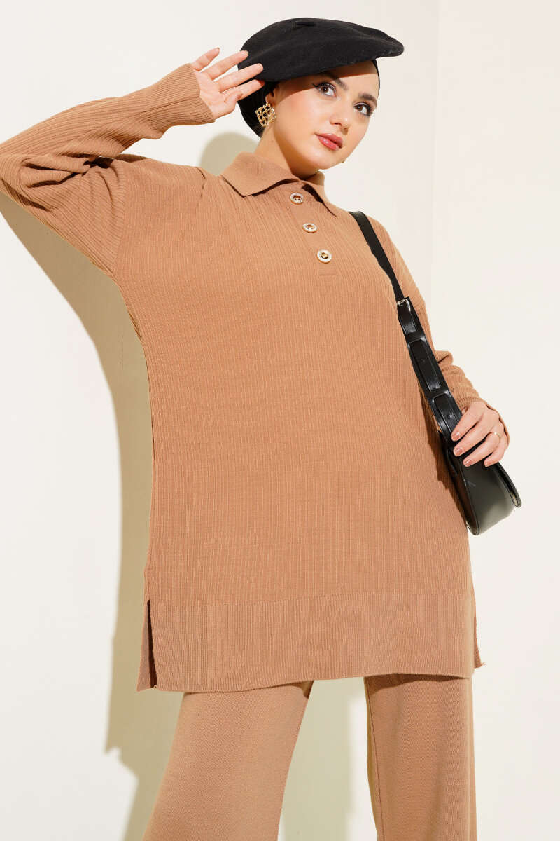 Latte Buttoned Corduroy Shirt Collar Knitted Co-ord