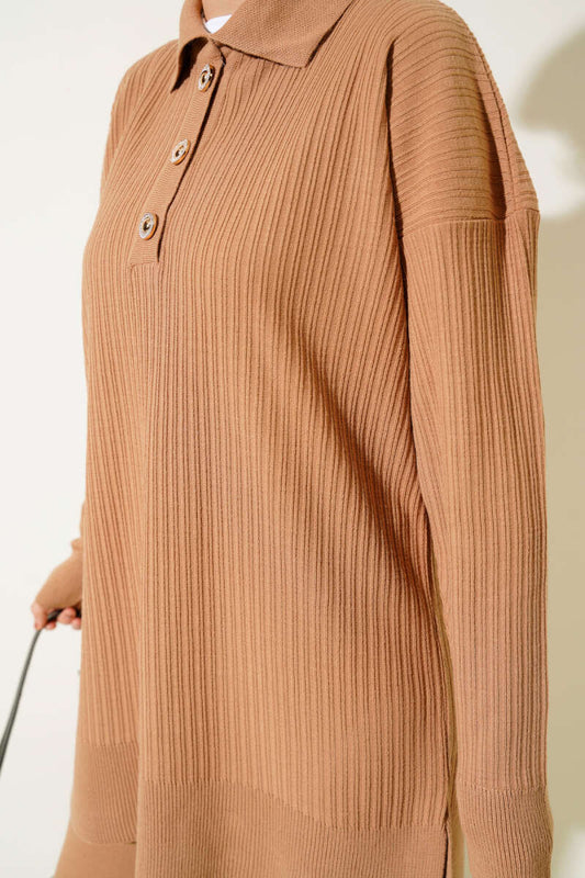 Latte Buttoned Corduroy Shirt Collar Knitted Co-ord