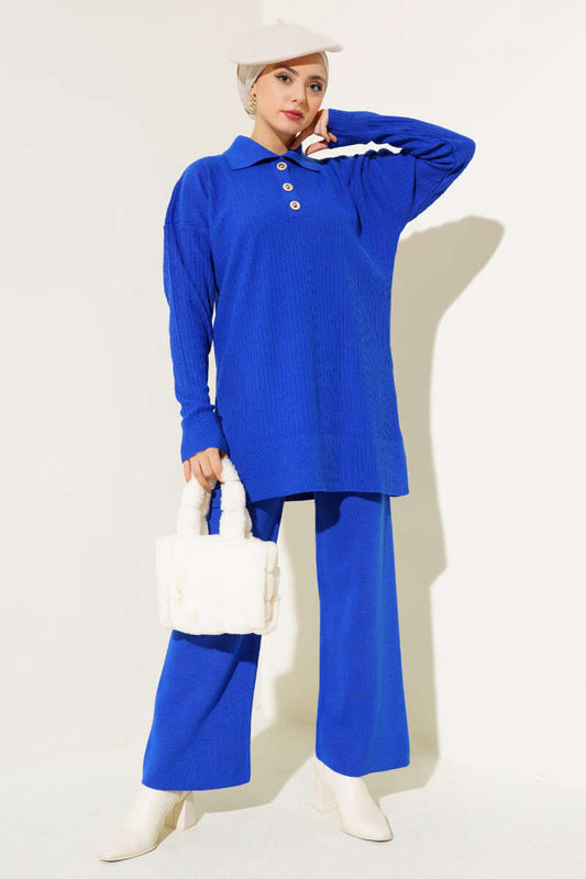 Blue Buttoned Corduroy Shirt Collar Knitted Co-ord