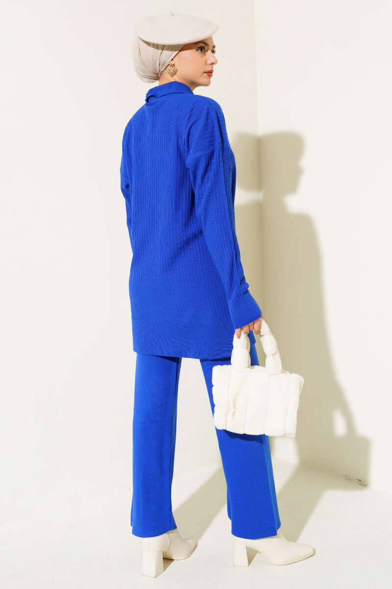 Blue Buttoned Corduroy Shirt Collar Knitted Co-ord