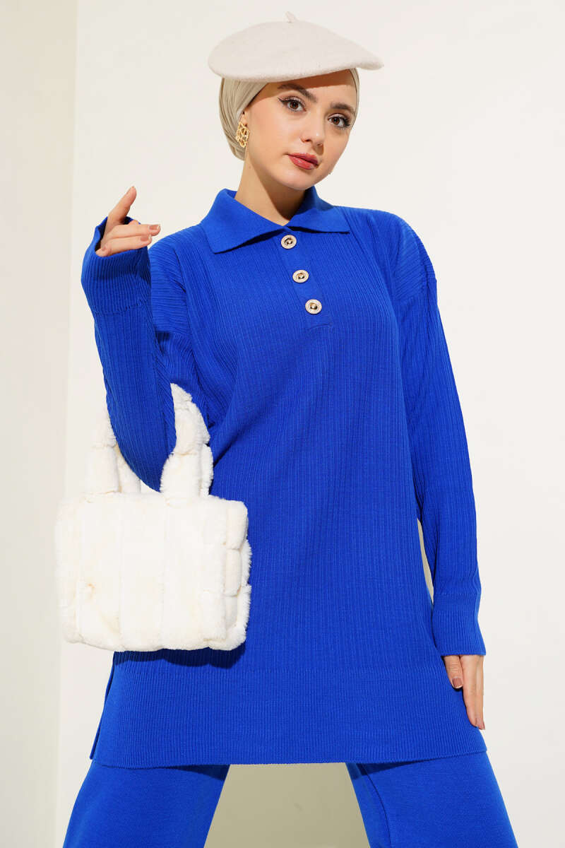 Blue Buttoned Corduroy Shirt Collar Knitted Co-ord