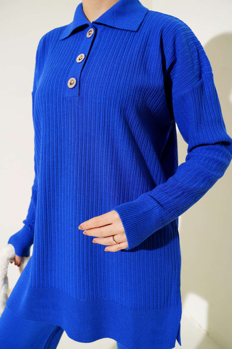 Blue Buttoned Corduroy Shirt Collar Knitted Co-ord