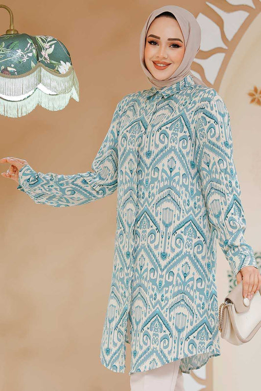 Teal Print Tunic Top