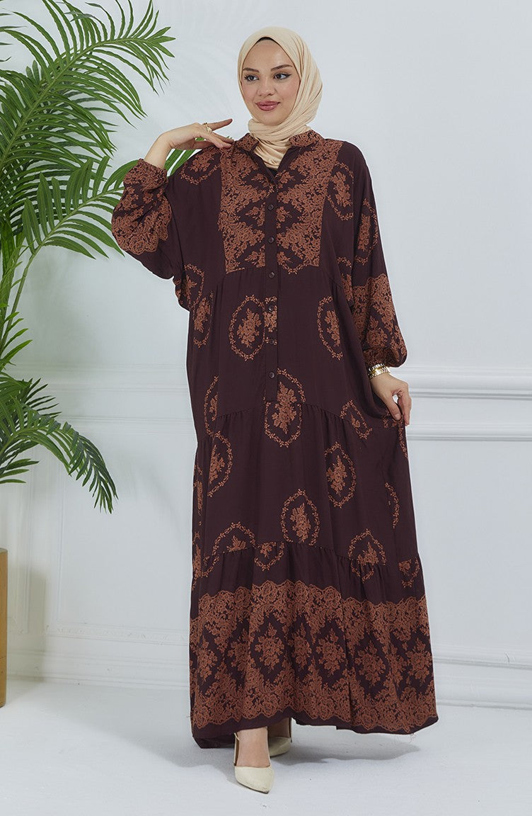 Brown Balloon Sleeves Dress