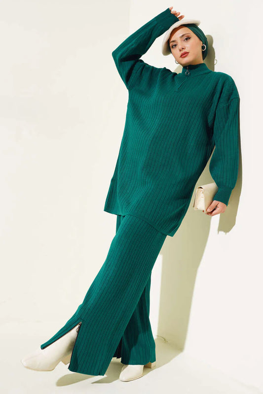 Green Zipper Design Detail Knitted Co-ord