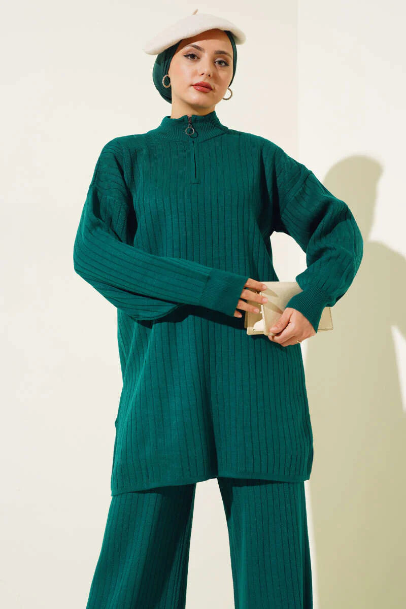 Green Zipper Design Detail Knitted Co-ord